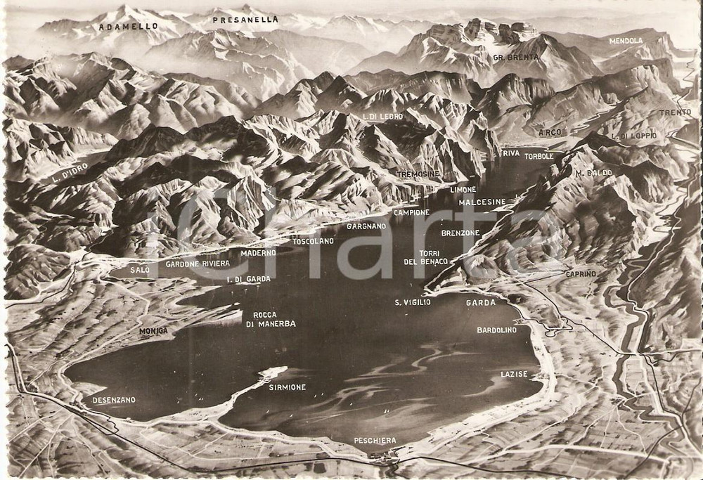 Cartolina originale da collezione 1957 LAGO DI GARDA Panorama con ADAMELLO e PRESANELLA Cartolina FG VG 1
