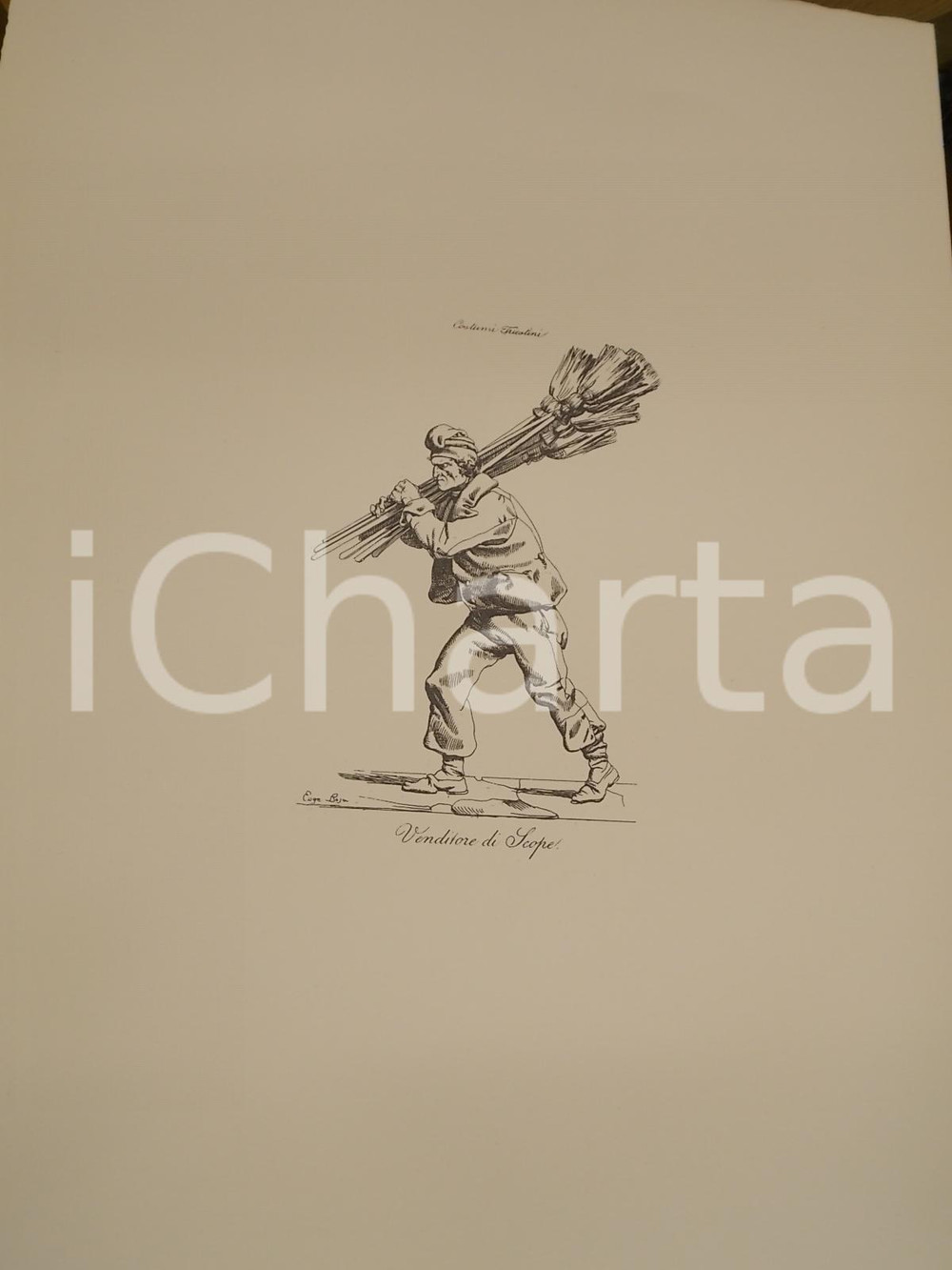 Stampa, bozzetto originale 1950 ca Eugenio BOSA COSTUMI TRIESTINI Venditore di scope Stampa 32x44 cm 1