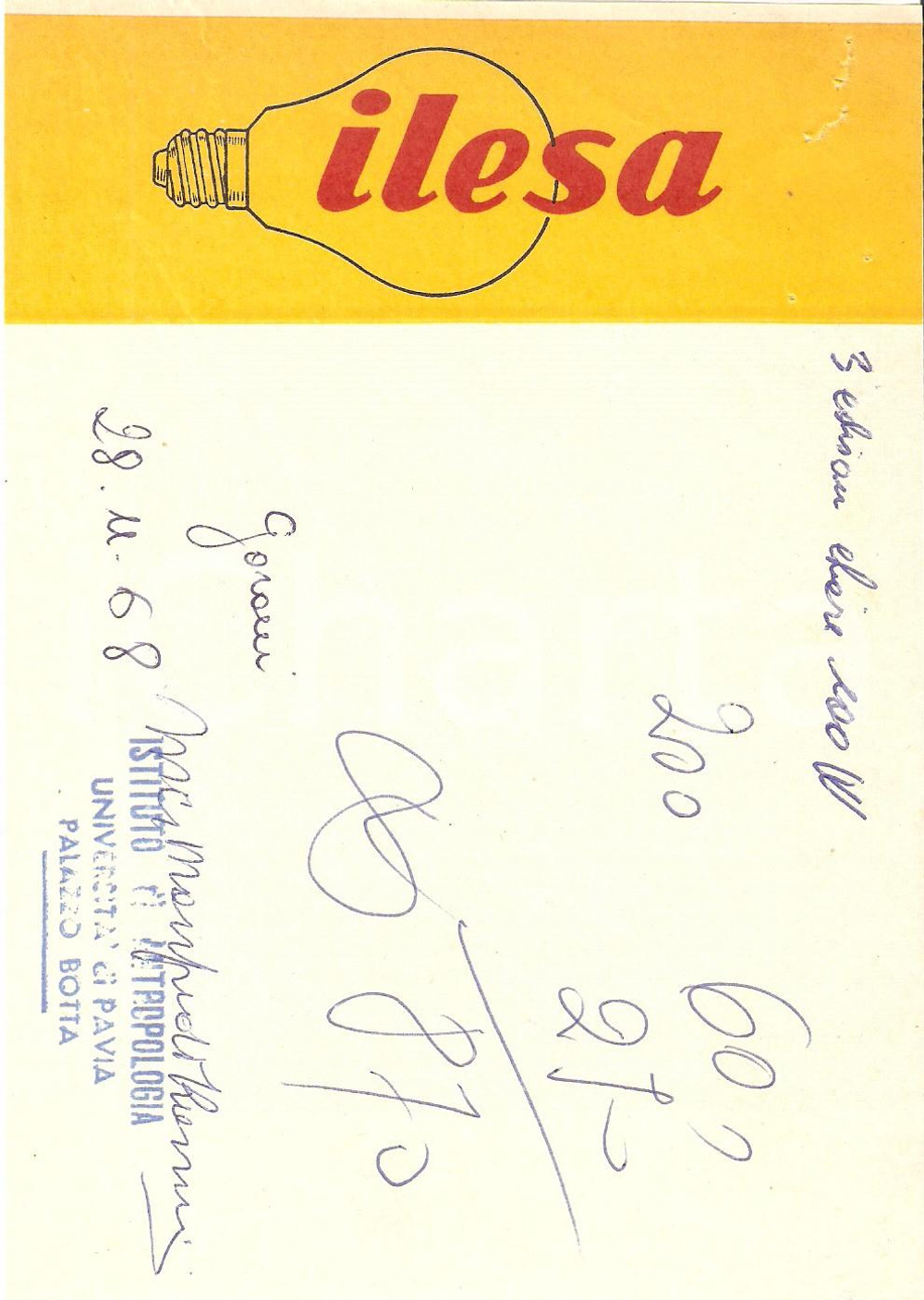 Materiale pubblicitario d’epoca 1968 PUBBLICITA  Lampadine ILESA Ricevuta 12x17 cm 1
