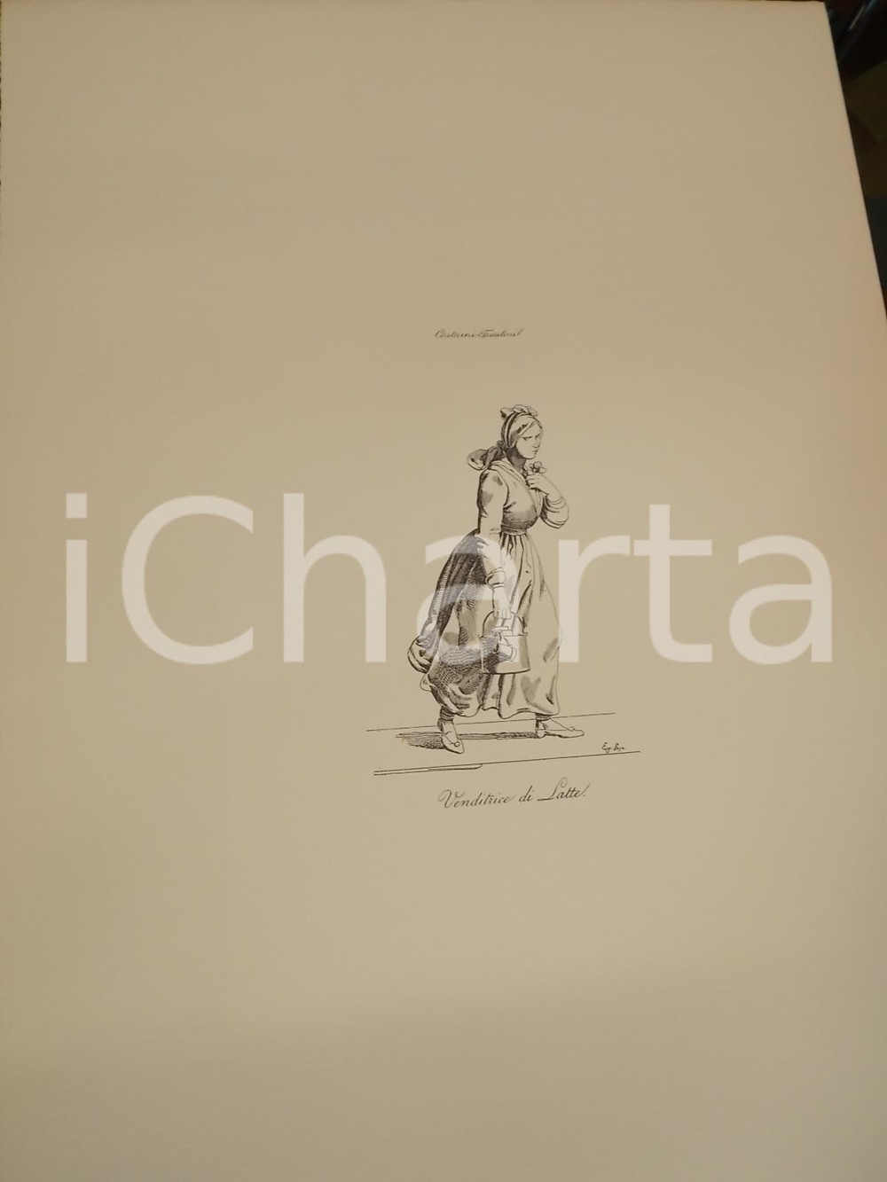 Stampa, bozzetto originale 1950 ca Eugenio BOSA COSTUMI TRIESTINI Venditrice di latte Stampa 1