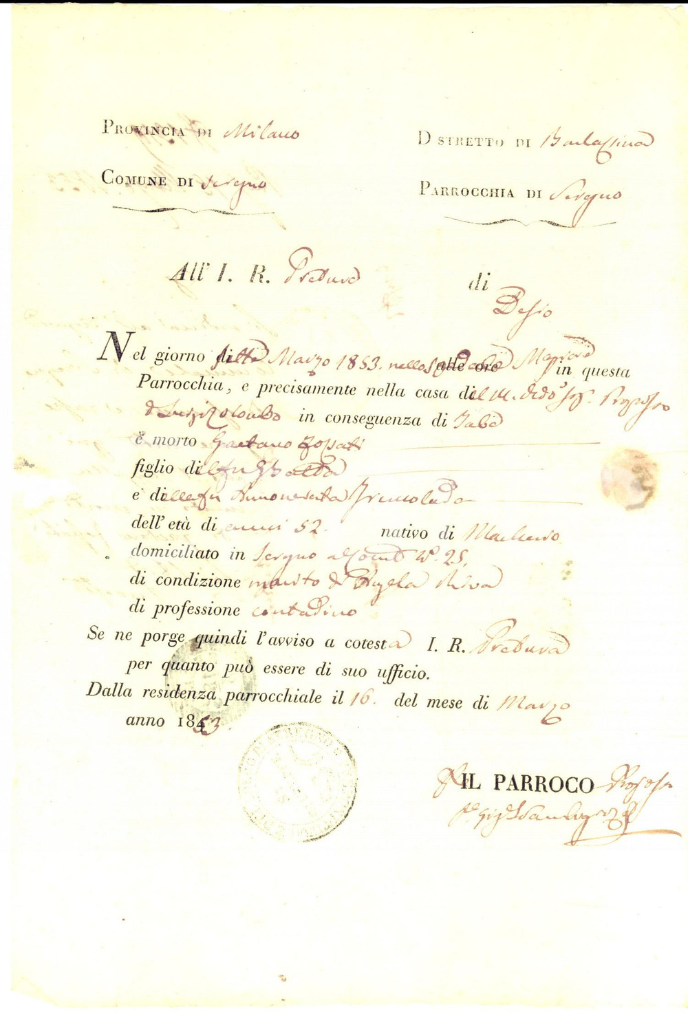 Documento originale, autentico 1853 SEREGNO MB Certificato di morte di Gaetano FOSSATI contadino 1