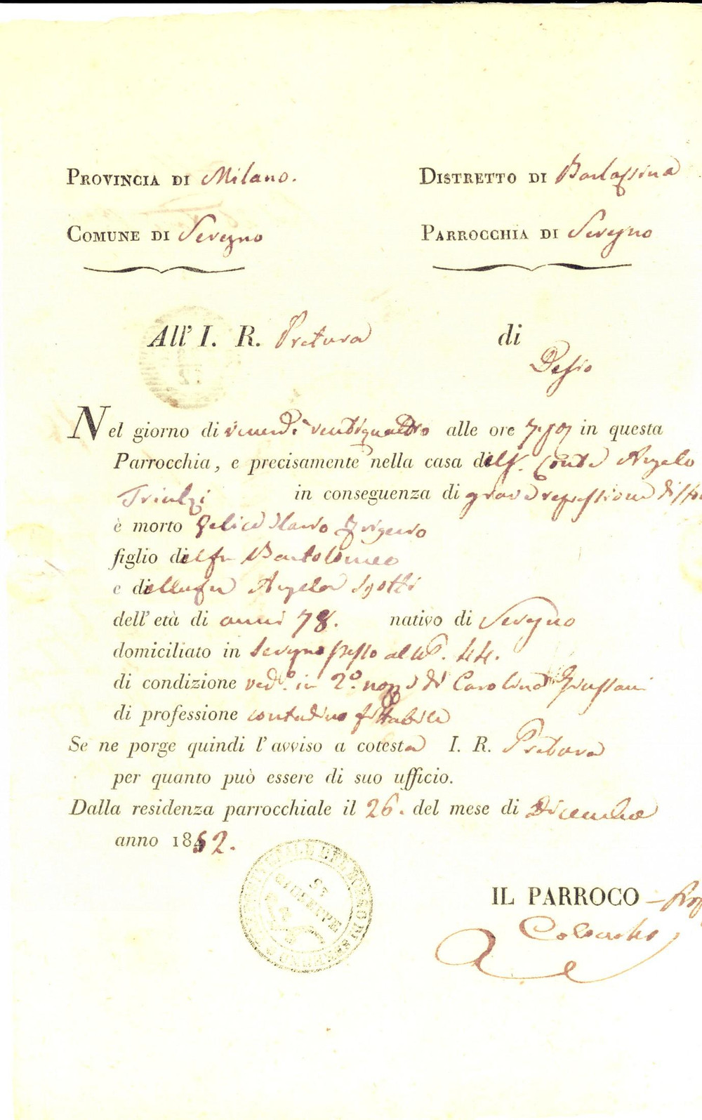 Documento originale, autentico 1852 SEREGNO MB Morte di Felice Mario FRIGERIO per repressione di stomaco 1