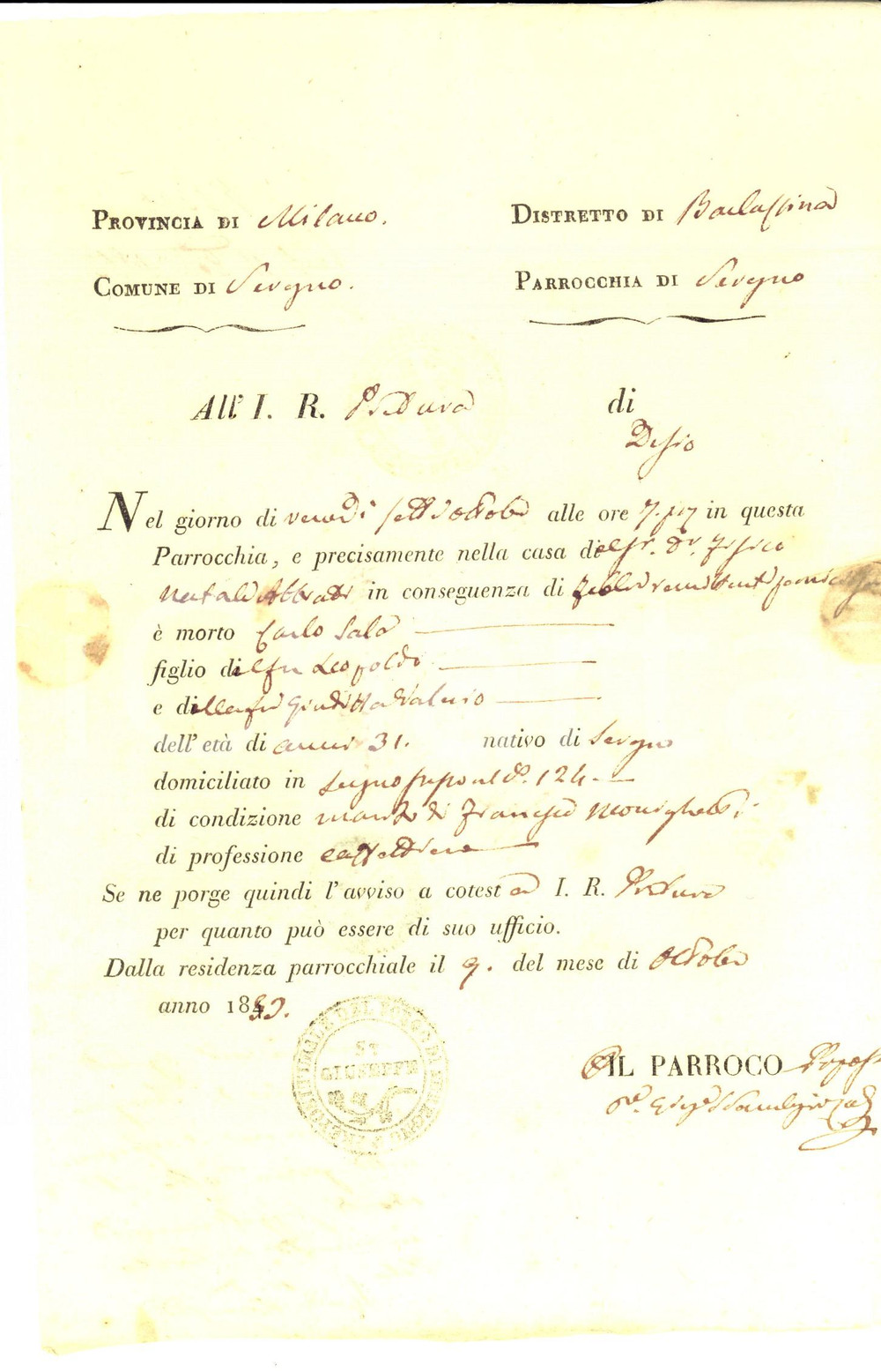 Documento originale, autentico 1853 SEREGNO MB Certificato di morte di Carlo SALA per febbre perniciosa 1