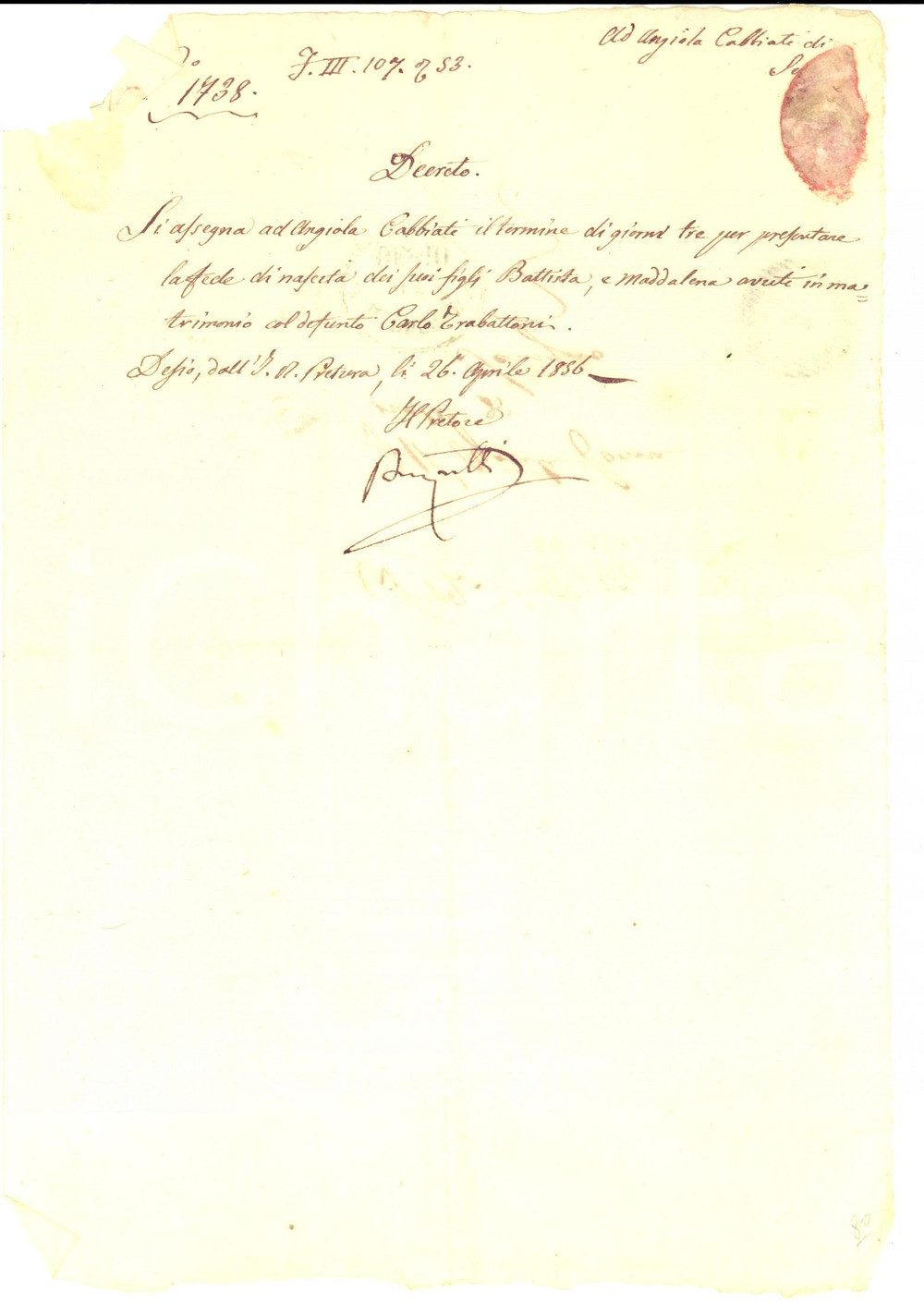 Documento originale, autentico 1856 DESIO MB Intimazione ad Angela CABBIATI per fede nascita dei figli 1