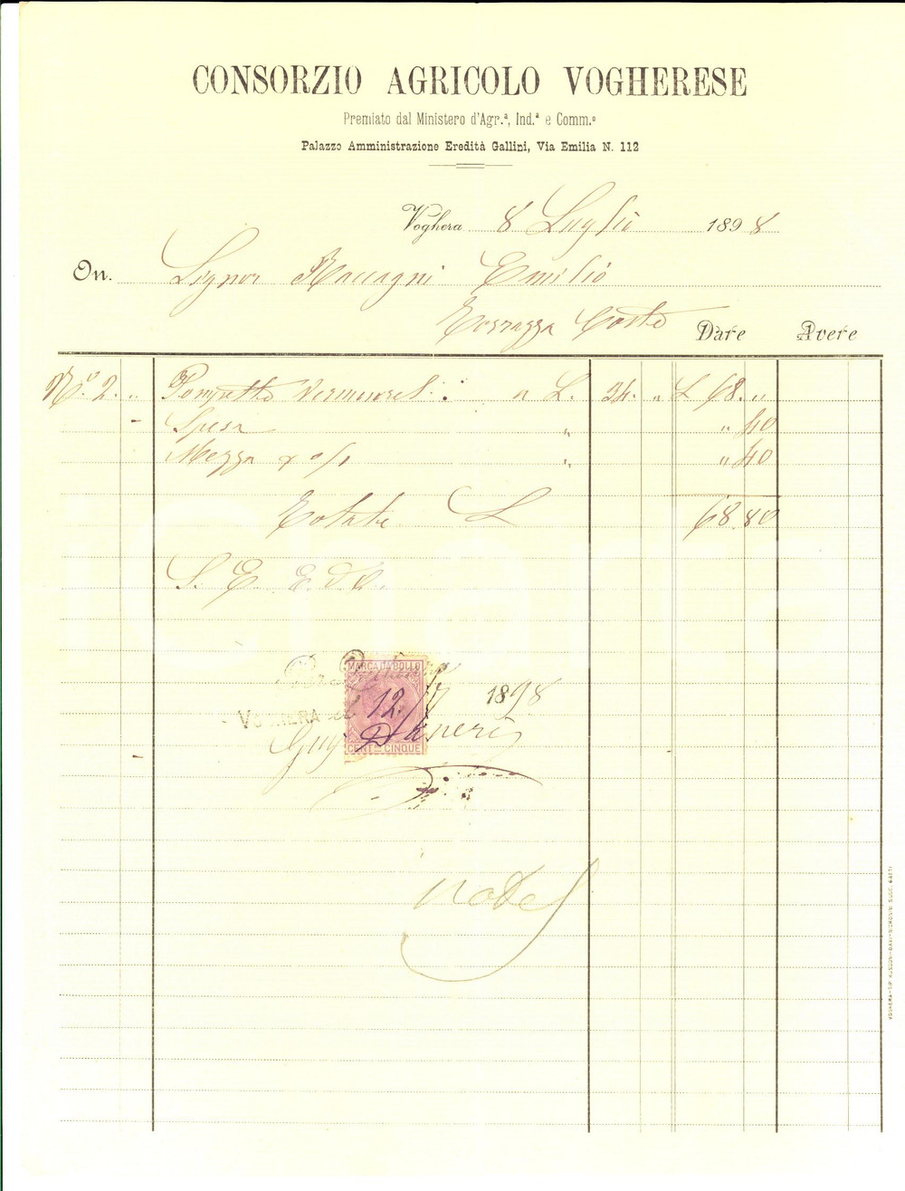 Documento originale, autentico 1898 VOGHERA PV Consorzio Agricolo Vogherese  Fattura manoscritta con bollo 1