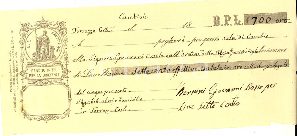 Documento originale, autentico 1880 ca TORRAZZA COSTE PV Cambiale di Giovanni BERNINI non datata 1
