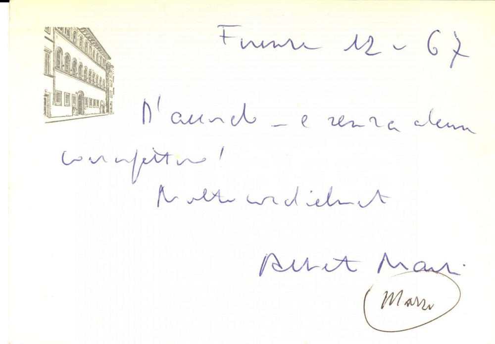 Autografo originale 1967 UNIVERSITA  DI FIRENZE Psicologo Alberto MARZI  Cartolina AUTOGRAFA 1
