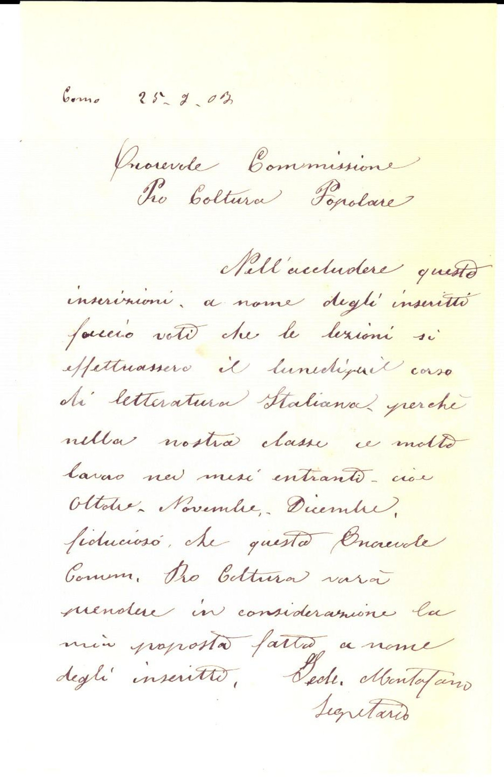 Manoscritto, lettera originale 1903 COMO Lettera della SocietÃ  di Miglioramento Lavoranti Sarti e Sarte 1