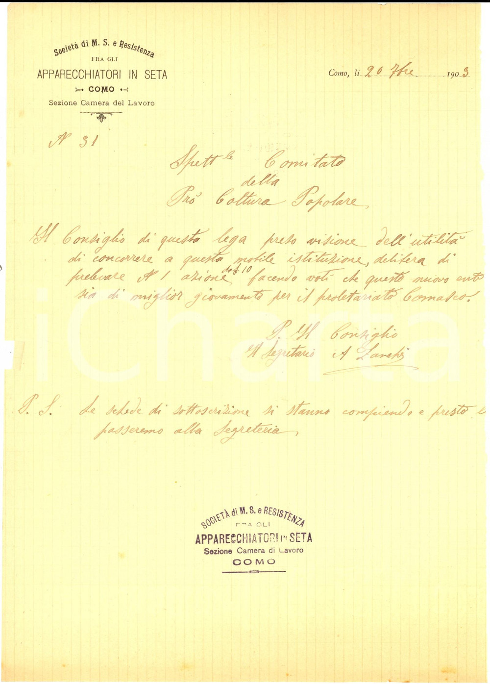 Manoscritto, lettera originale 1903 COMO SocietÃ  di Mutuo Soccorso APPARECCHIATORI IN SETA alla Pro Coltura 1