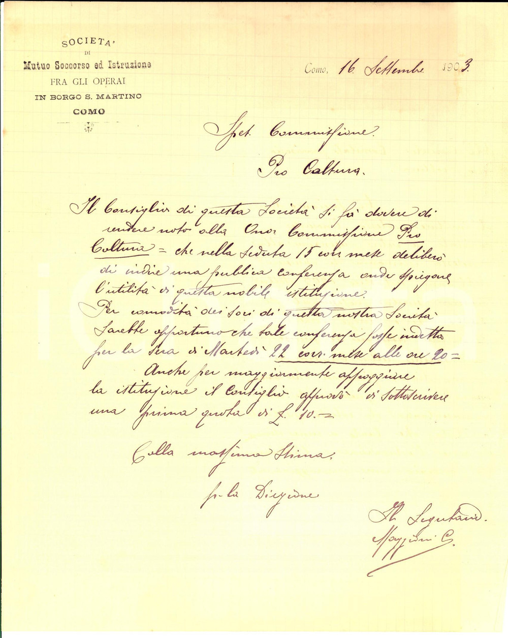 Manoscritto, lettera originale 1903 COMO Lettera SocietÃ  Mutuo Soccorso Operai del BORGO SAN MARTINO 1