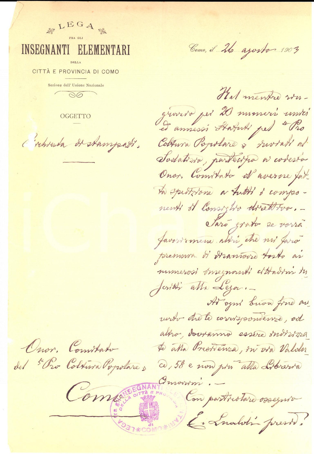 Manoscritto, lettera originale 1903 COMO Lega fra gli Insegnanti Elementari richiede stampati Lettera 1