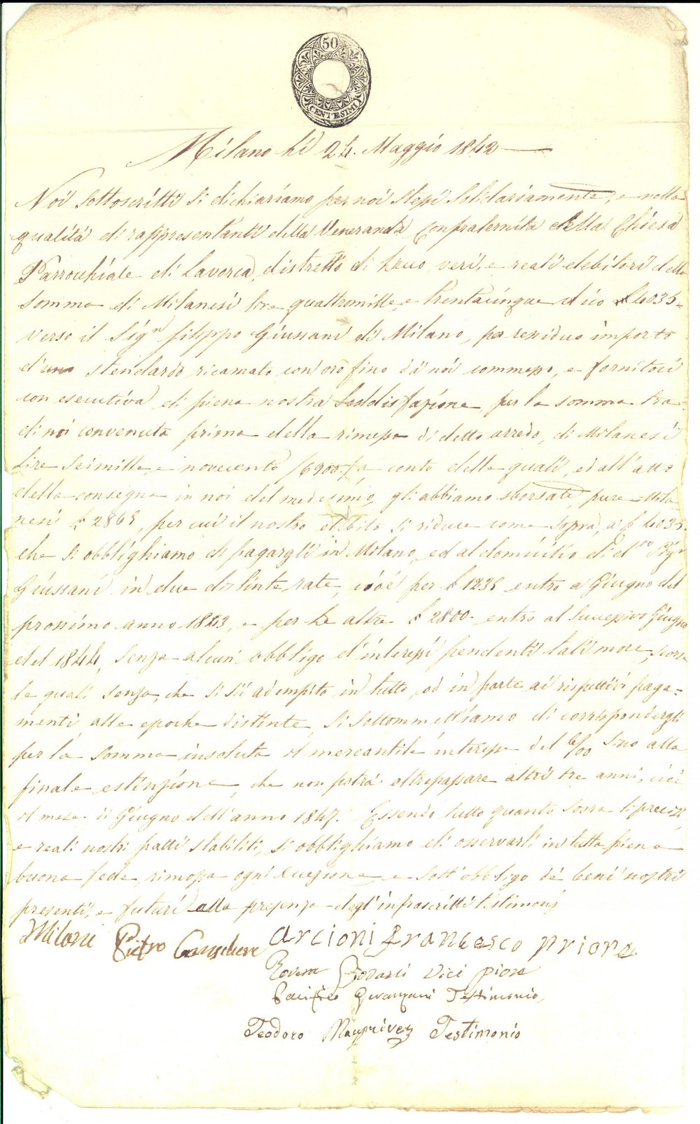 Documento originale, autentico 1842 LAORCA LC Debiti Confraternita SS.MO SACRAMENTO verso Filippo GIUSSANI 1