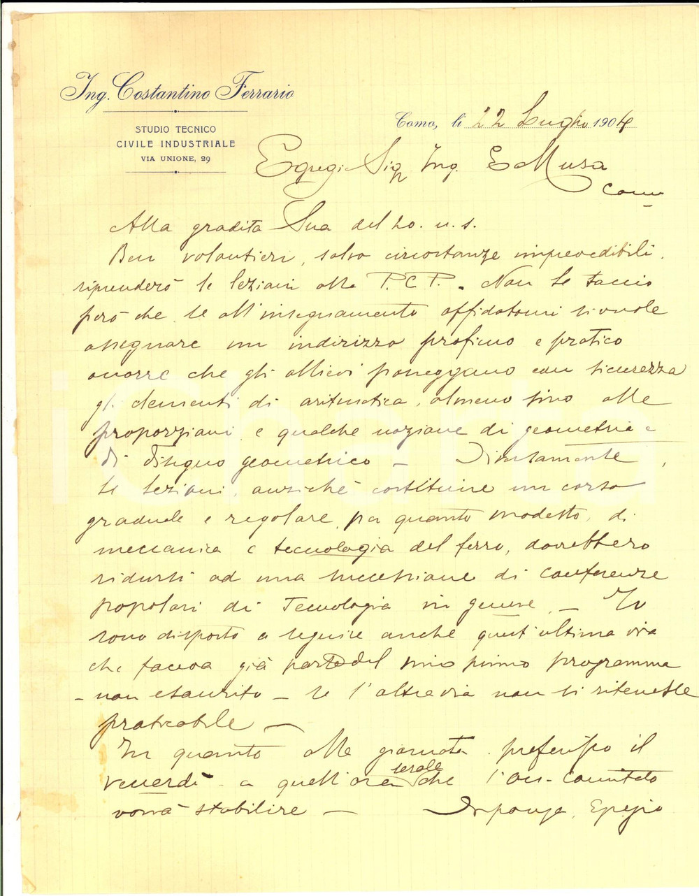 Autografo originale 1904 COMO Ing. Costantino FERRARIO interviene su un programma di lezioni 1