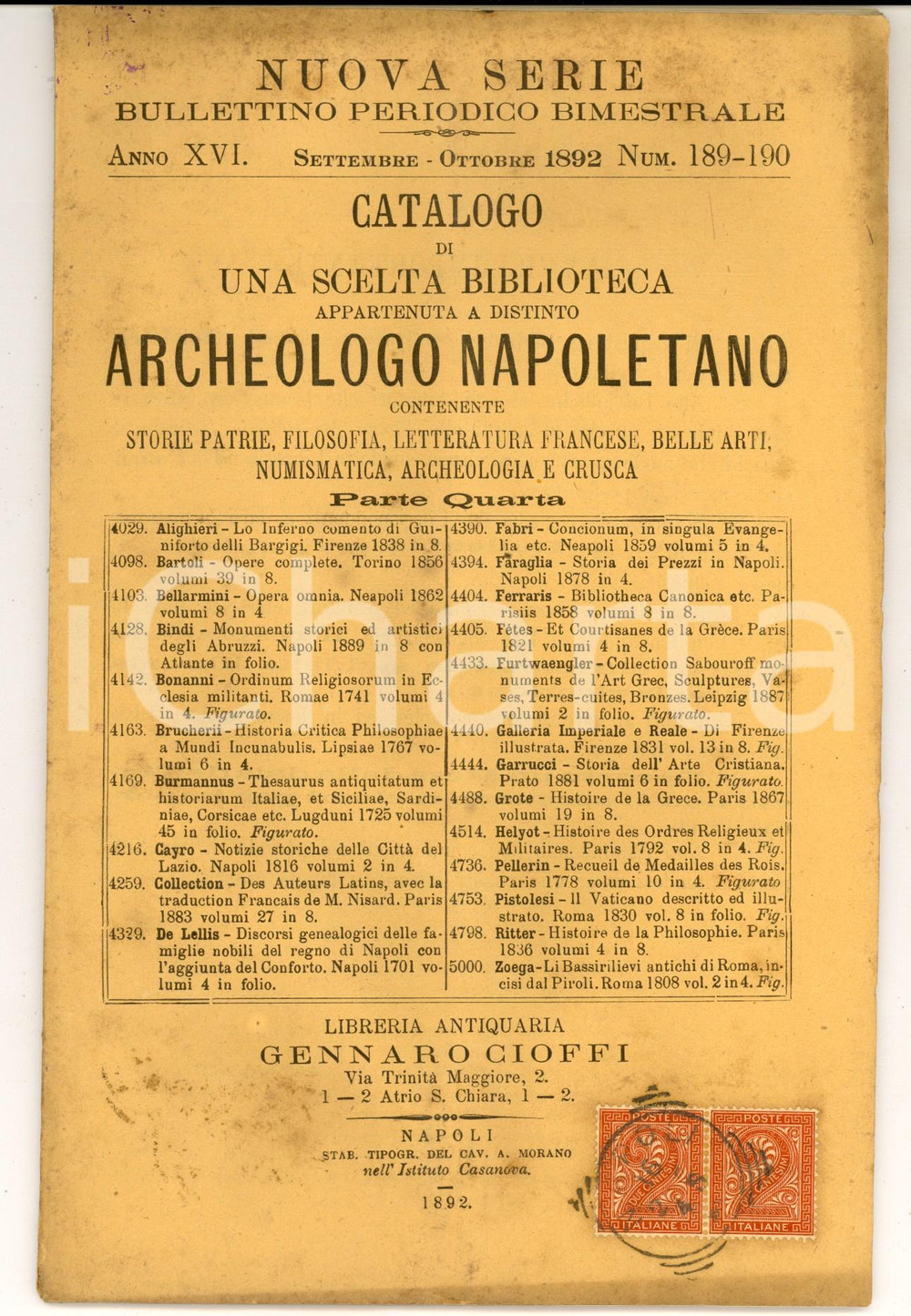 Libro, pubblicazione d epoca 1892 NAPOLI Libreria Gennaro CIOFFI Catalogo biblioteca di distinto archeologo 1