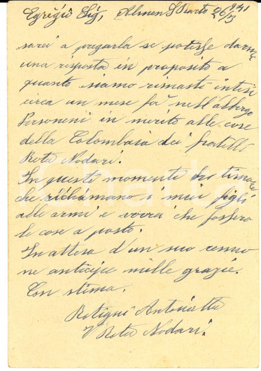 Manoscritto, lettera originale 1941 ALMENNO SAN BARTOLOMEO Antonietta ROTA NODARI teme per i figli in guerra 1