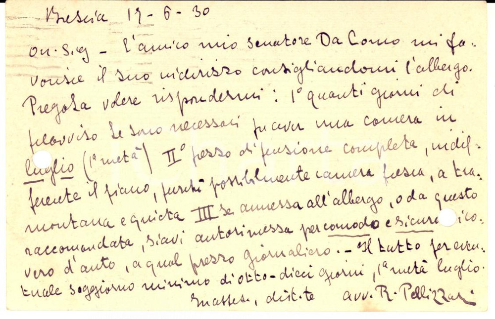 Manoscritto, lettera originale 1930 BRESCIA Avv. R. PELLIZZARI prenota albergo su consiglio di Ugo DA COMO 1