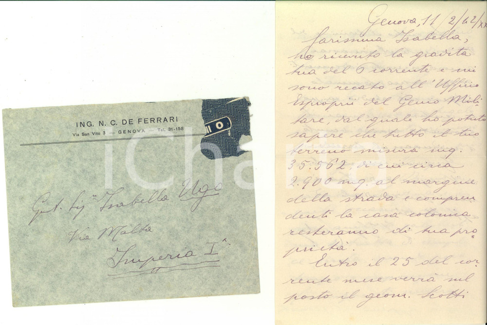 Manoscritto, lettera originale 1942 GENOVA Ing. Carlo DE FERRARI alla cugina Isabella UGO su terre di famiglia 1