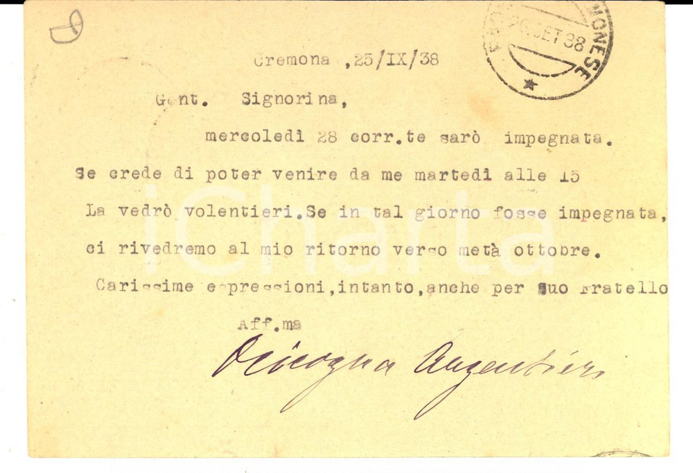 1938 CREMONA Ottavia CICOGNA ARGENTIERI fissa un appuntamento *AUTOGRAFO