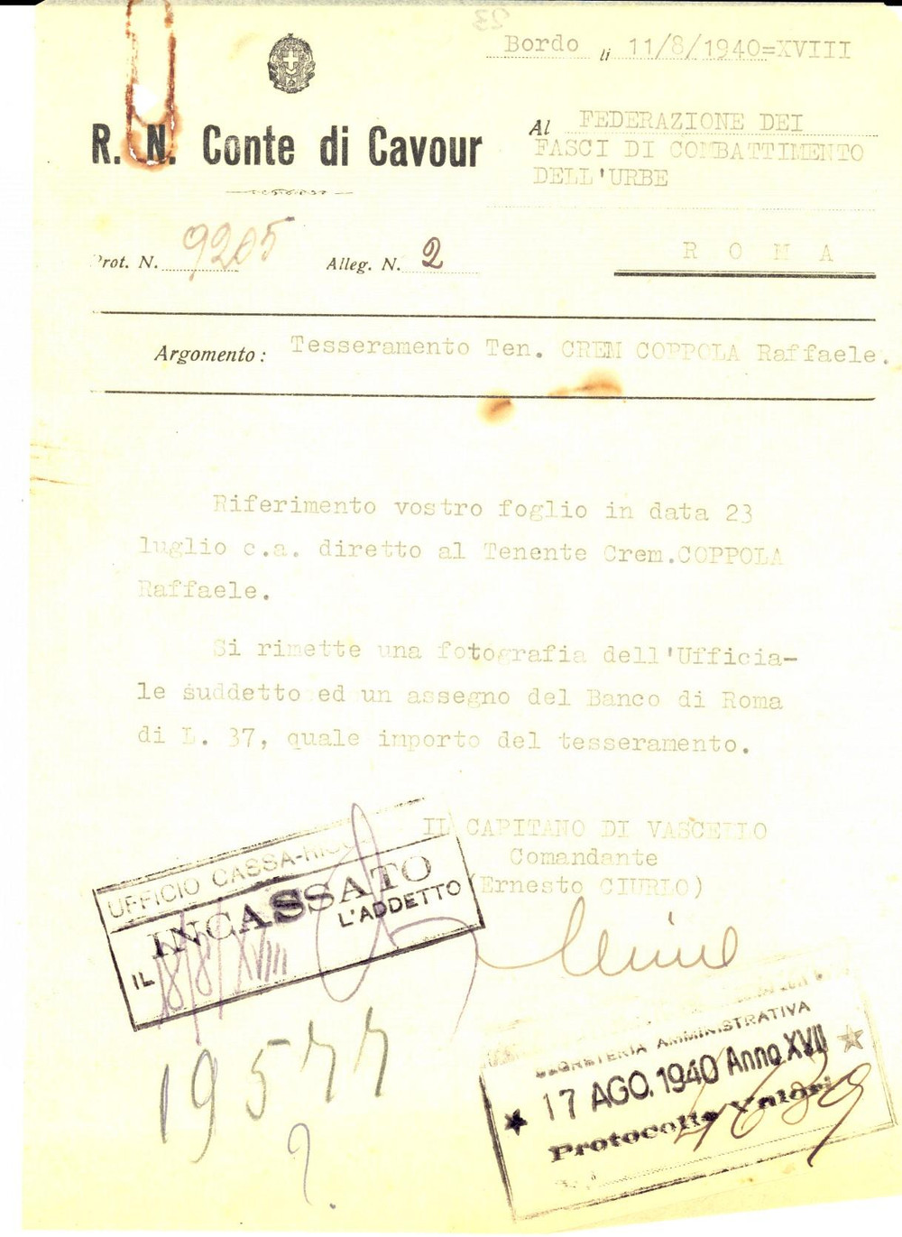 Documento originale, autentico 1940 WW2 CREM REGIA NAVE CONTE DI CAVOUR Tesseramento ten. Raffaele COPPOLA 1