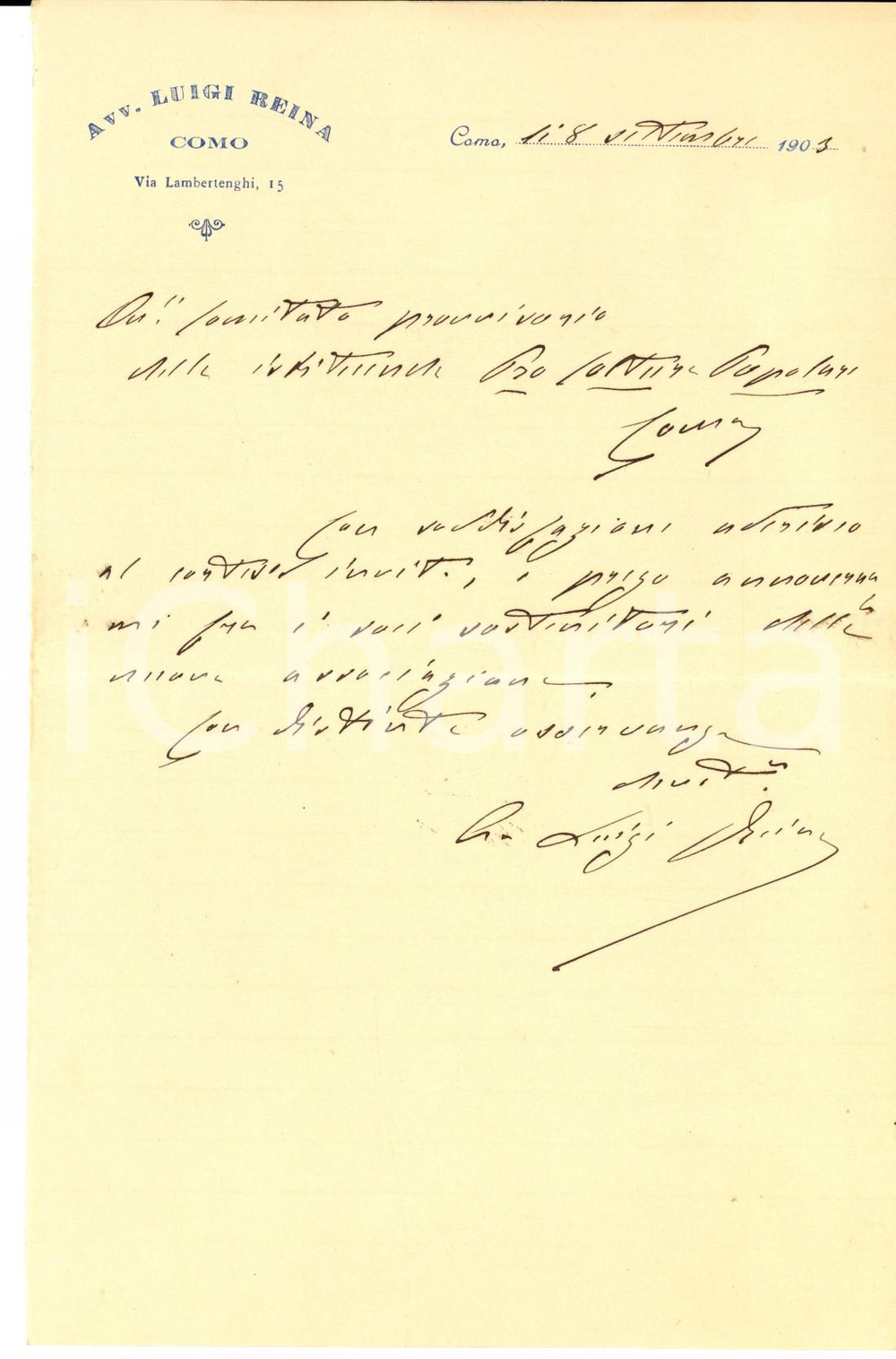Manoscritto, lettera originale 1903 COMO Avv. Luigi REINA sostiene associazione PRO COLTURA 1