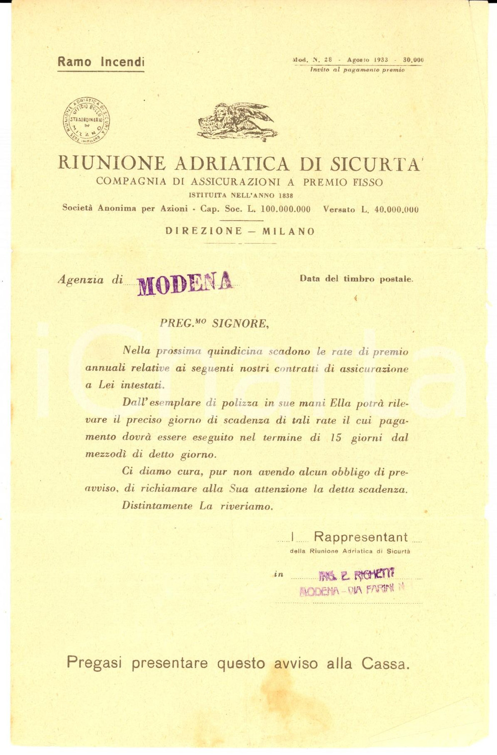 Documento originale, autentico 1933 MODENA Riunione Adriatica di SicurtÃ   Lettera per polizza di Medardo SALA 1