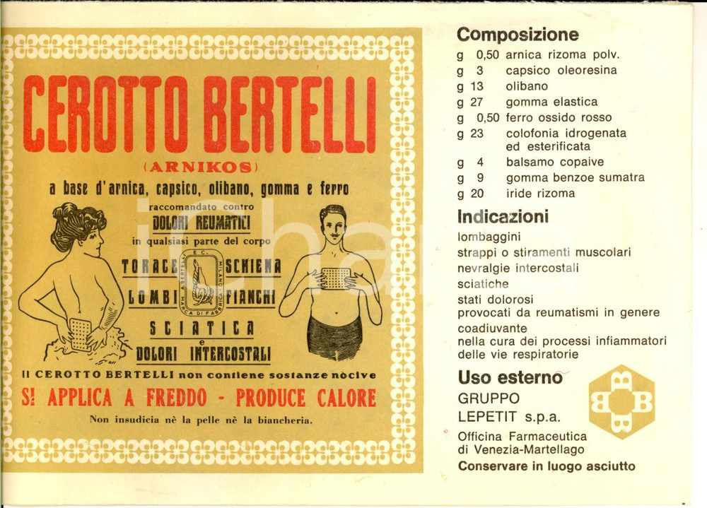 Materiale pubblicitario d’epoca 1978 MILANO Cerotto BERTELLI ARNIKOS Busta con GARZA ALLEGATA 1