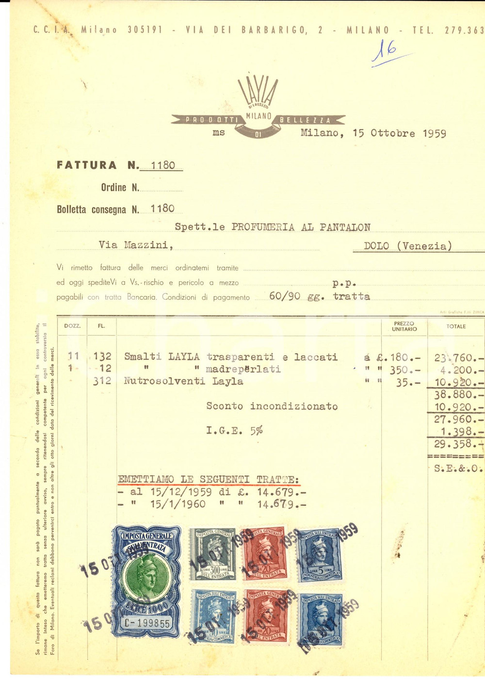 Documento originale, autentico 1959 MILANO Via dei Barbarigo 2  Ditta LAYLA prodotti di bellezza Fattura 1