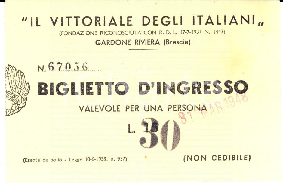 Documento originale, autentico 1948 GARDONE RIVIERA BS Biglietto d ingresso al VITTORIALE degli Italiani 1