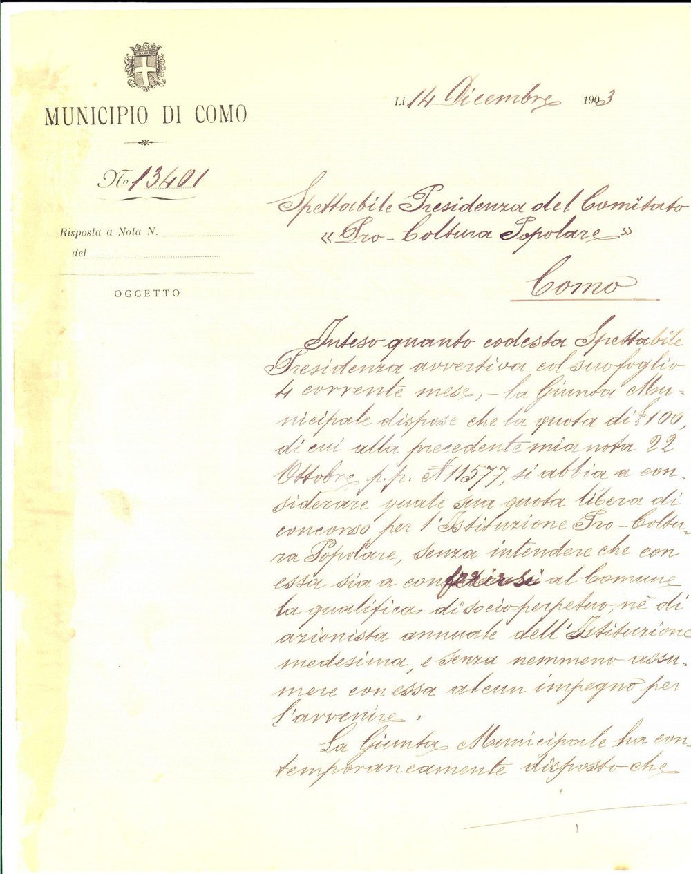 Manoscritto, lettera originale 1903 COMO Versamento di quote al comitato PRO COLTURA POPOLARE 1