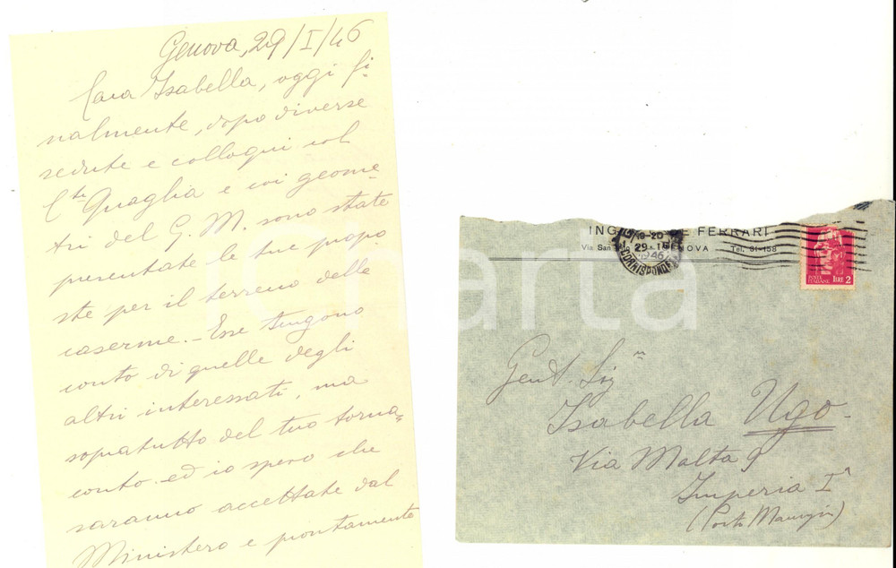 Manoscritto, lettera originale 1946 GENOVA Ing. Carlo DE FERRARI a Isabella UGO su terreno per caserme 1