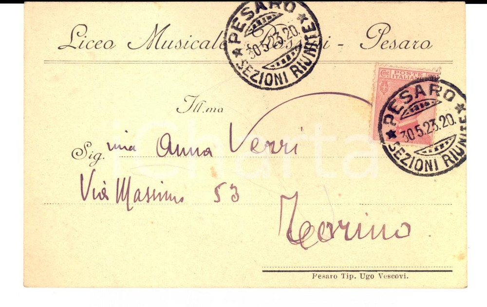 Cartolina originale da collezione 1923 PESARO Liceo Musicale ROSSINI  Cartolina per ammissione agli esami 1