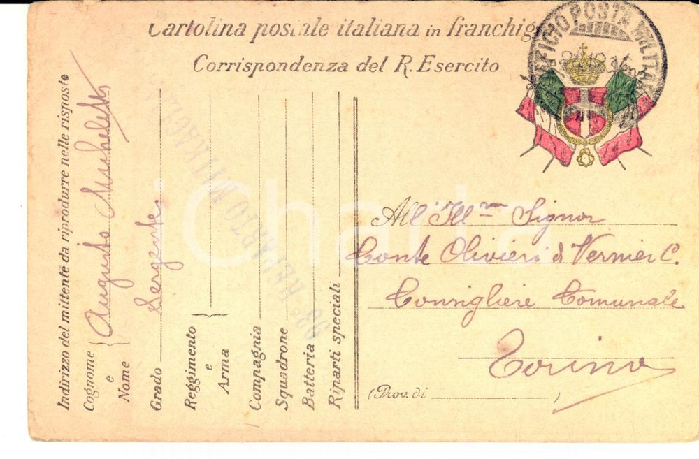 Cartolina originale da collezione 1918 WW1 ZONA DI GUERRA Serg. Augusto MICHELETTI a conte OLIVIERI DI VERNIER 1
