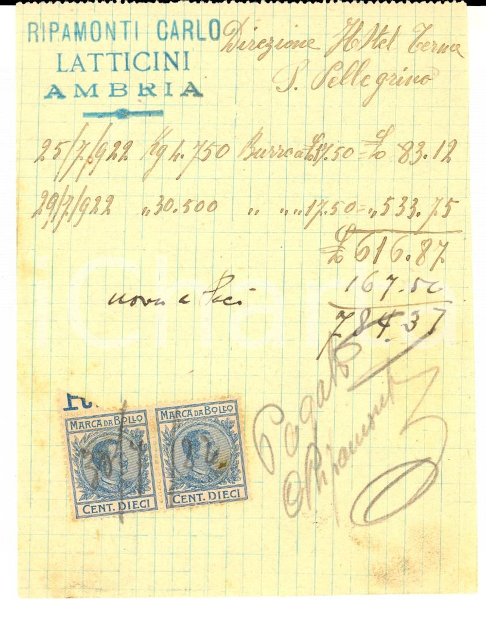 Documento originale, autentico 1922 AMBRIA SONDRIO Carlo RIPAMONTI latticini  Ricevuta manoscritta con bolli 1