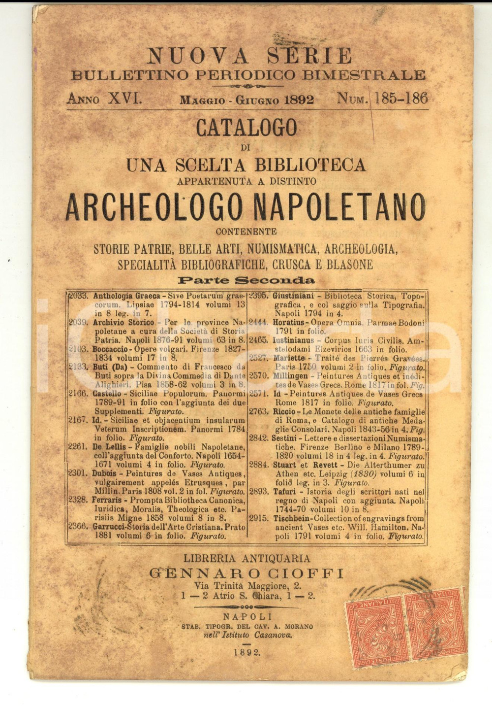 Libro, pubblicazione d epoca 1892 NAPOLI Libreria Gennaro CIOFFI Catalogo biblioteca archeologo napoletano 1