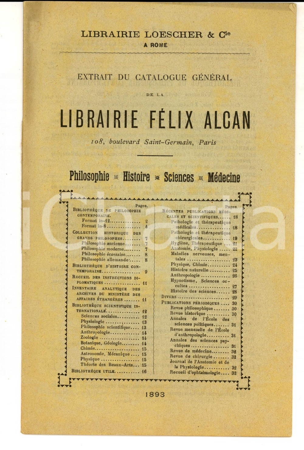 Libro, pubblicazione d epoca 1893 PARIS Librairie FÃ©lix ALCAN Extrait catalogue gÃ©neral  LOESCHER ROME 1