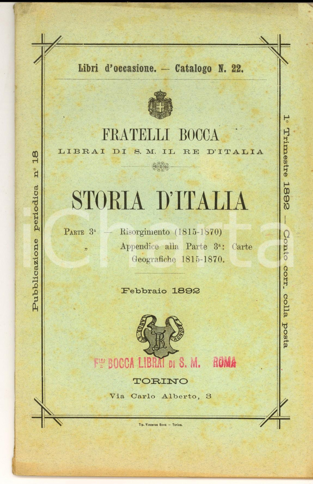 1892 TORINO Fratelli BOCCA Catalogo STORIA D'ITALIA parte 3^ n°22