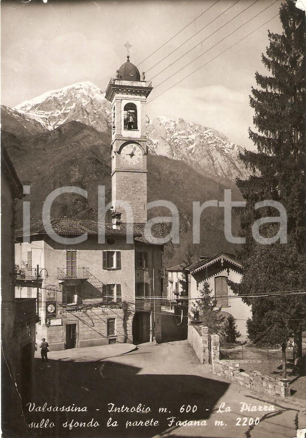 1956 INTROBIO (LC) Piazza Drogheria e manifesto Costumè CANETTA *Cartolina FG VG