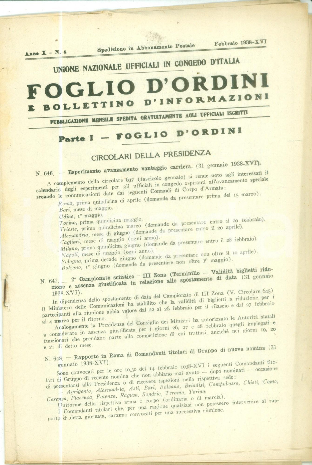 Giornale, rivista storica 1938 FOGLIO D ORDINI Campionato sciistico VI Zona ETNA Rivista U.N.U.C.I. 1