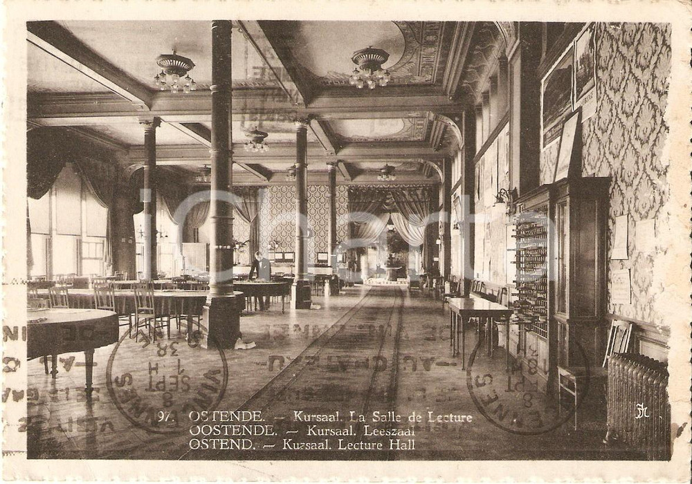Cartolina originale da collezione 1938 OOSTENDE BELGIO Sala lettura del KURSAAL Cartolina ANIMATA FG VG 1