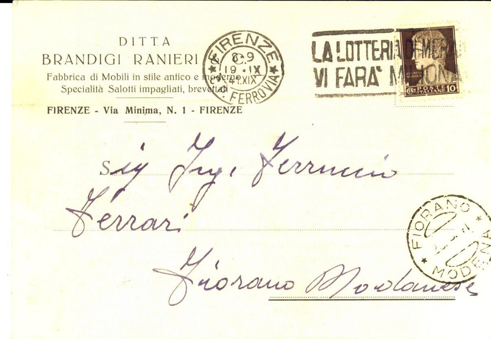 Cartolina originale da collezione 1941 FIRENZE Ditta BRANDIGI Ranieri Mobili stile antico Cartolina commerciale 1