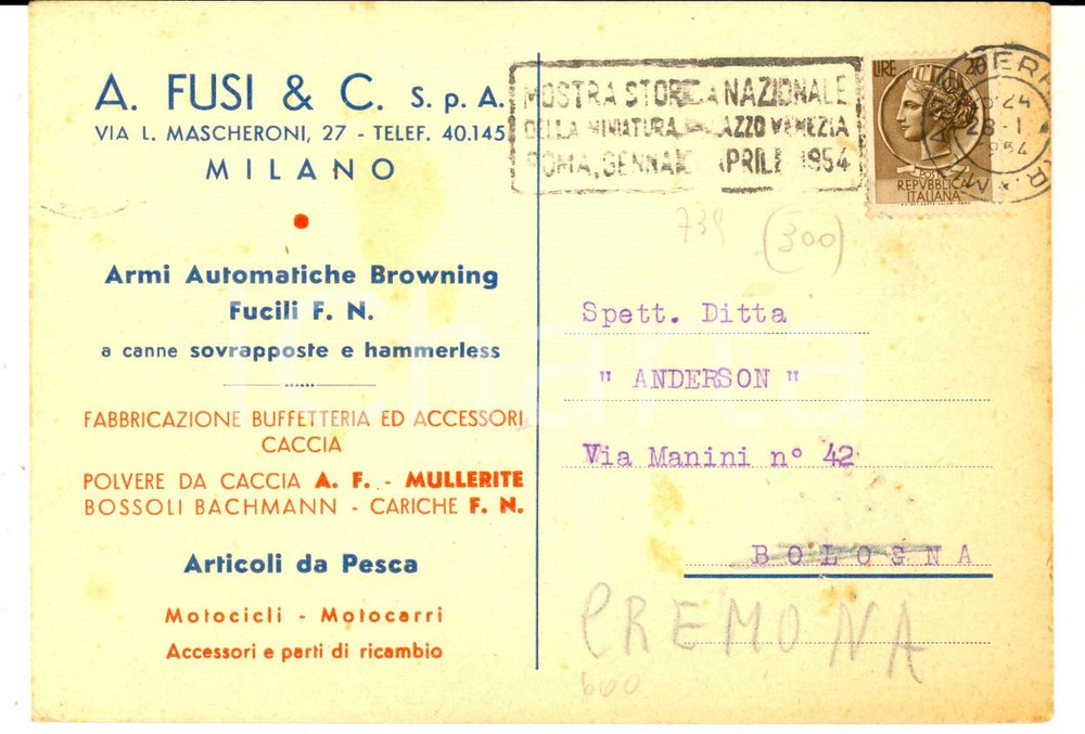 Cartolina originale da collezione 1954 MILANO Via Mascheroni 27 A. FUSI & C. Armi automatiche caccia  Cartolina 1