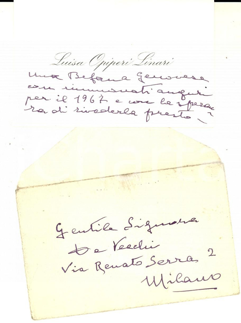 Autografo originale 1966 MILANO Biglietto da visita Lina OPIPERI LINARI Autografo 1
