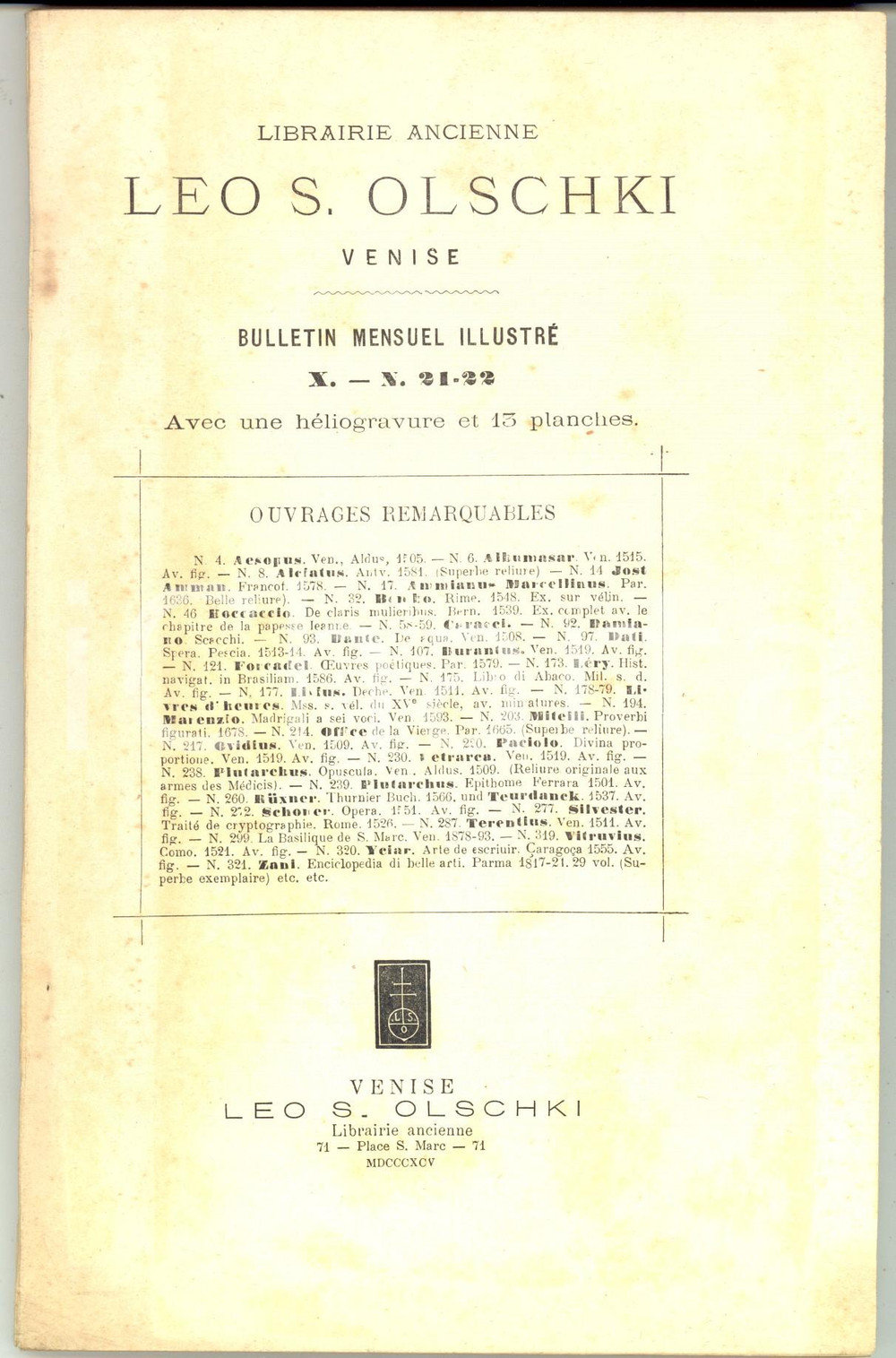 1895 VENEZIA Librairie Leo OLSCHKI Bulletin illustré n° 21-22 avec héliogravure