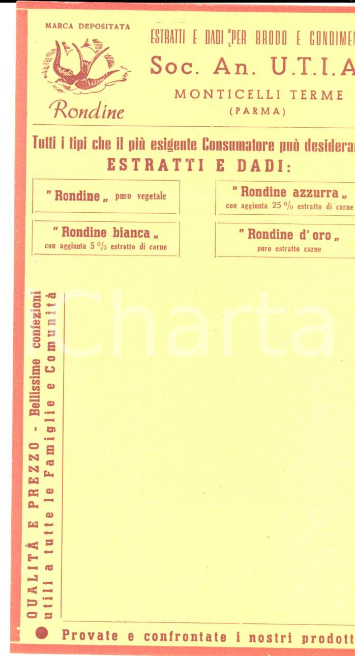 Materiale pubblicitario d’epoca 1950 ca MONTICELLI TERME PR Estratti e dadi per brodo SOC. AN. UTIA Promemoria 1