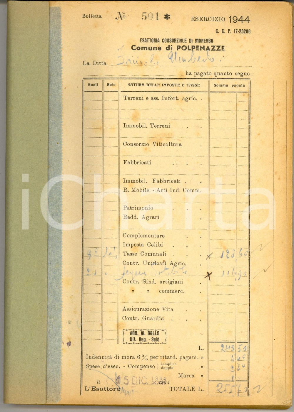 Documento originale, autentico 1944 RSI POLPENAZZE DEL GARDA BS Registro 100 bollette esattoria MANERBA 1