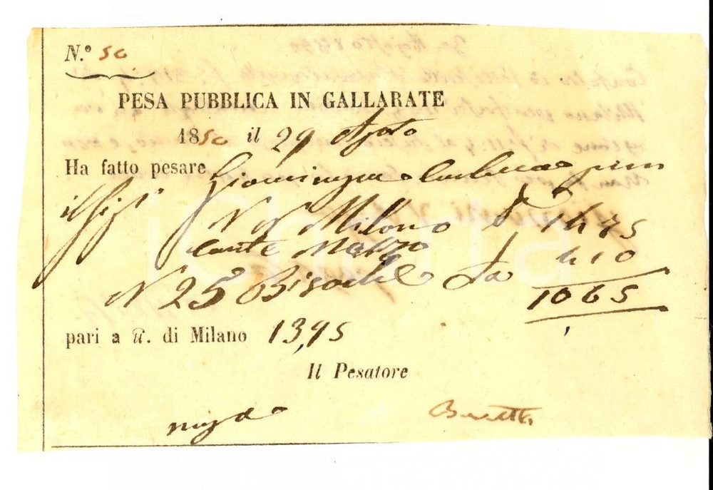 Documento originale, autentico 1850 GALLARATE VA Ricevuta pesa pubblica per carbone 1