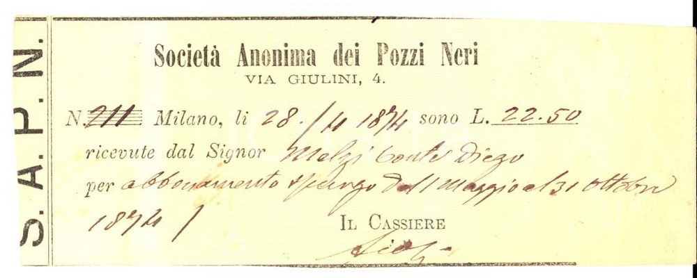 Documento originale, autentico 1874 MILANO SocietÃ  Anonima POZZI NERI Abbonamento conte Diego MELZI Tagliando 1