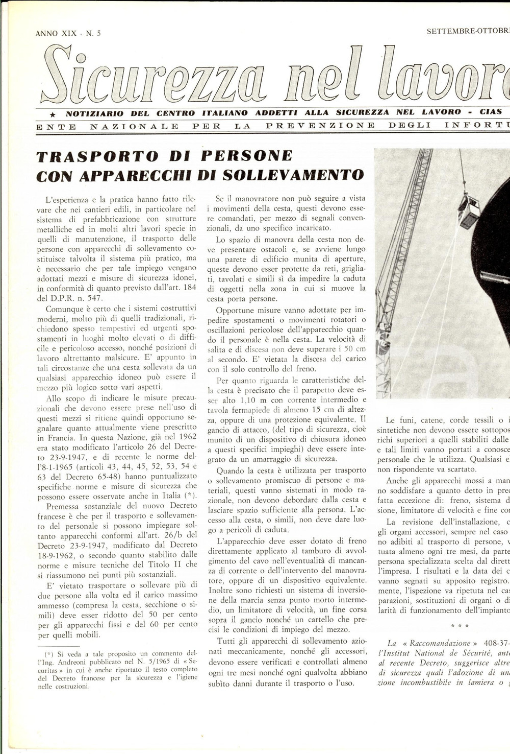 Giornale, rivista storica 1965 SICUREZZA NEL LAVORO Sollevamento di persone Rivista anno XIX nÂ° 5 1