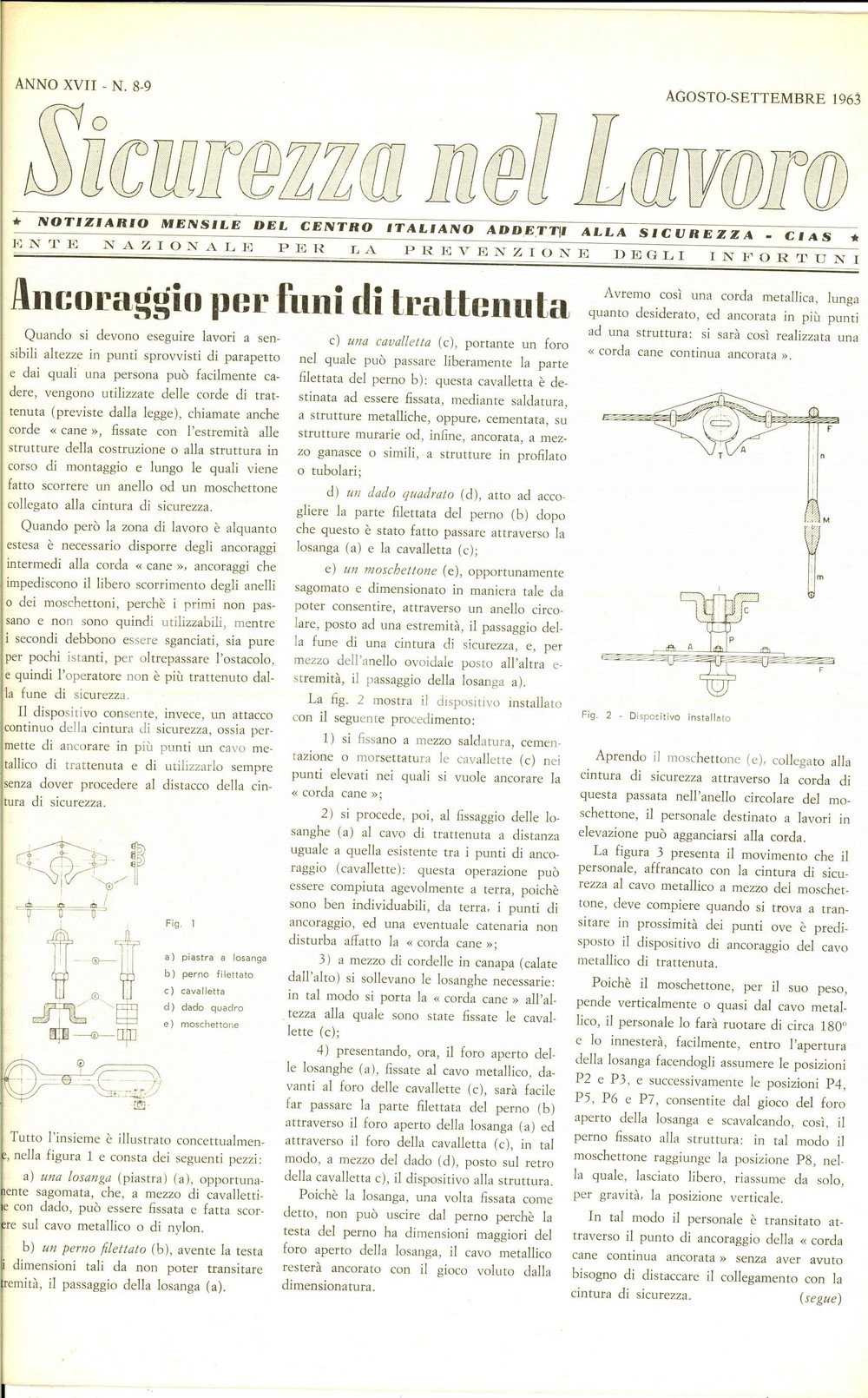Giornale, rivista storica 1963 SICUREZZA NEL LAVORO Ancoraggio funi di trattenuta Rivista anno XVII n°89 1