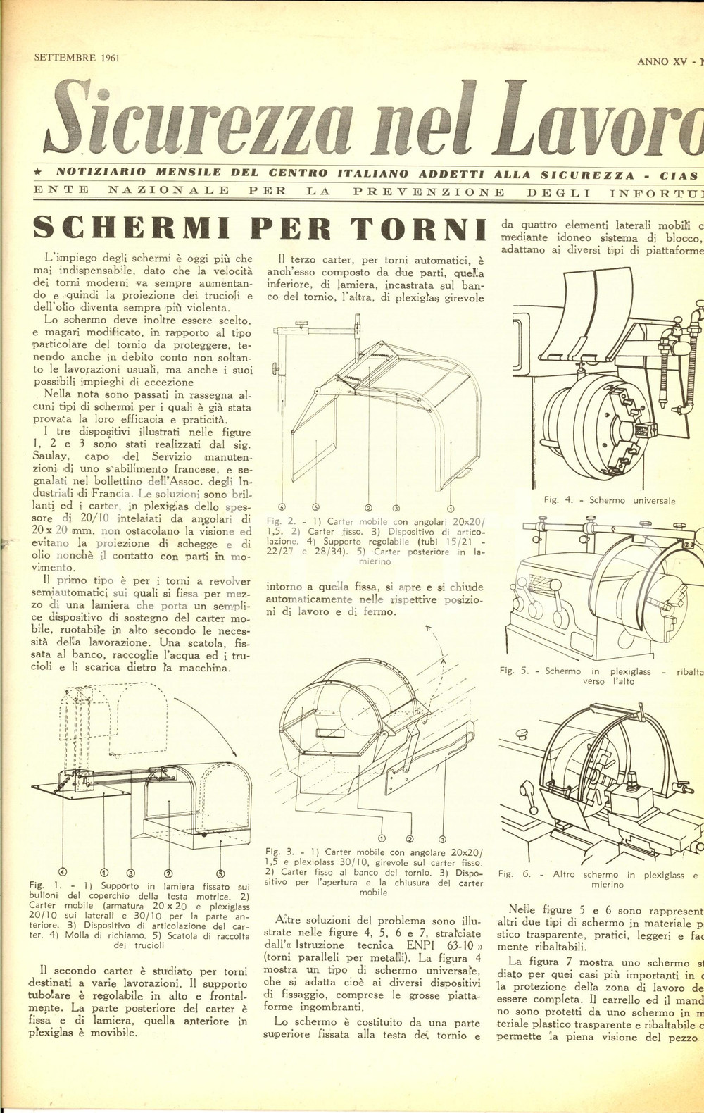 Giornale, rivista storica 1961 SICUREZZA NEL LAVORO Schermi per torni Rivista anno XV nÂ°9 1